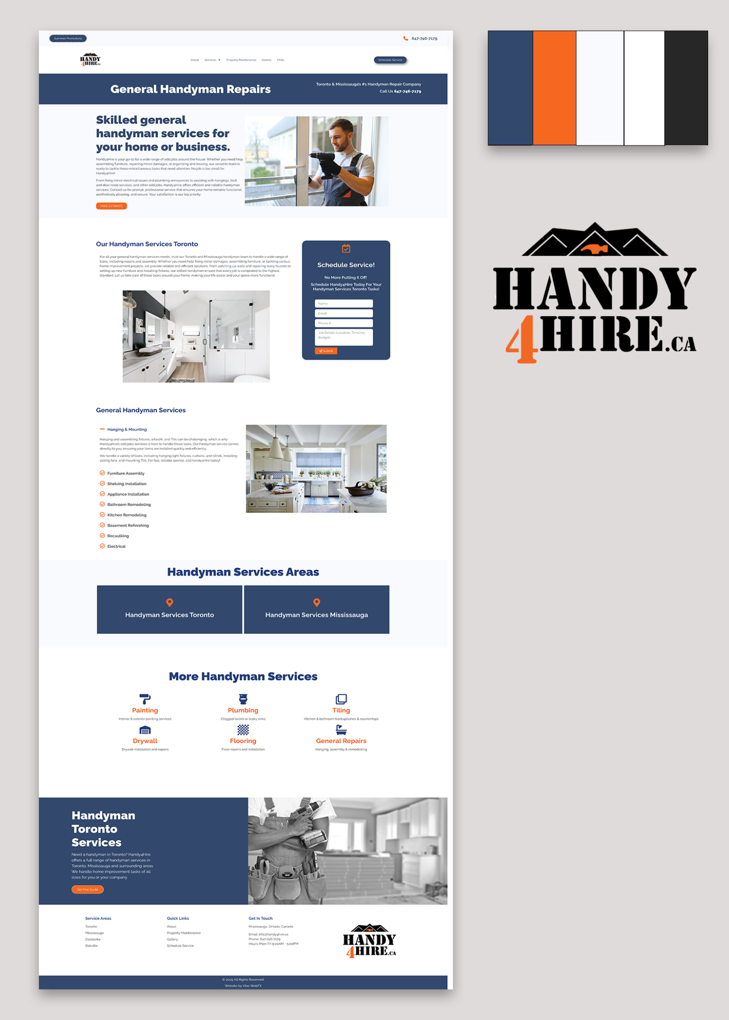 Handyman website design and handyman logo design screenshots with colour palette of their brand colours